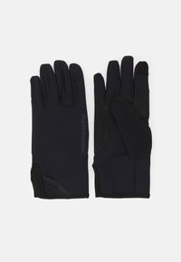Gants noirs en matériau extensible avec une surface texturée pour une meilleure prise aux paumes et aux doigts. Présente une marque de logo et une construction sans coutures pour un ajustement confortable.