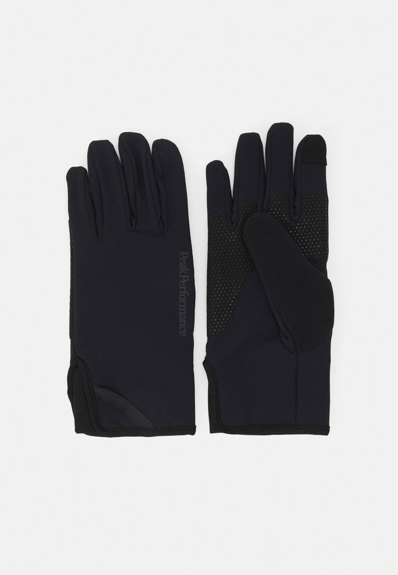 Gants noirs en matériau extensible avec une surface texturée pour une meilleure prise aux paumes et aux doigts. Présente une marque de logo et une construction sans coutures pour un ajustement confortable.