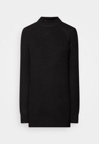 Pull en maille noire à col roulé avec un motif texturé, des manches longues et des poignets côtelés. Design simple avec une silhouette ajustée.