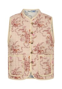Quilted vest in light pink fabric featuring floral patterns in red, orange, and pink. Includes four pockets and button closure.