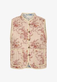 Chaleco acolchado en tejido rosa claro con patrones florales en rojo, naranja y rosa. Incluye cuatro bolsillos y cierre de botones.