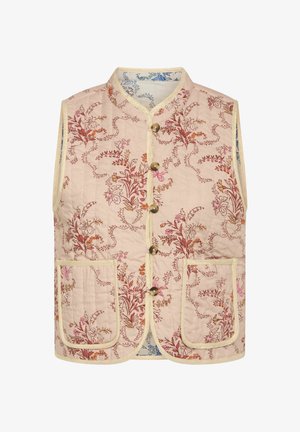 Gilet trapuntato in tessuto rosa chiaro con motivi floreali in rosso, arancione e rosa. Include quattro tasche e chiusura con bottoni.