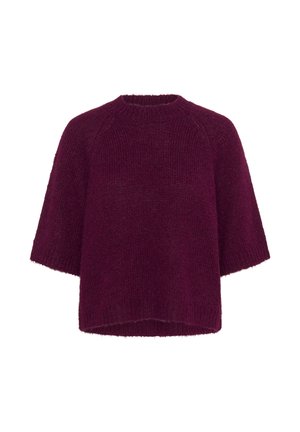 Suéter de punto burdeos con mangas cortas, corte relajado, escote redondo y textura suave. El dobladillo es ligeramente más largo en la parte posterior.