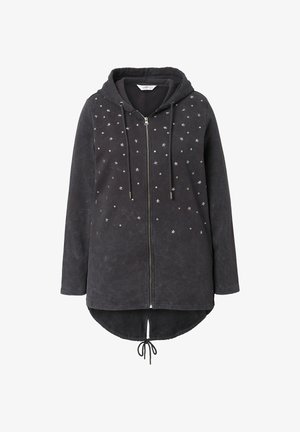 Black zip-up hoodie with a hood, featuring silver star embellishments and a longer back hem. Soft material with drawstring at the waist.