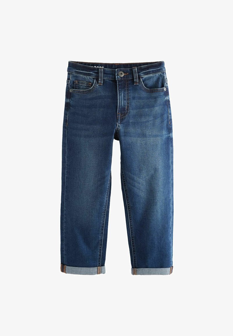 Tamsiai mėlynos džinsinės kelnės su klasikinio kirpimo, su sukurtomis rankovėmis, penkių kišenių dizainu ir kontrastinėmis siūlėmis.