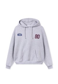 Felpa con cappuccio grigia in tessuto misto cotone con tasca frontale. Presenta una toppa Colorado e il numero "80" in color marrone scuro. Cordini regolabili.