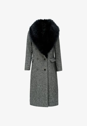 Plašč s šivom ribje kosti in črnim umetnim krznom na ovratniku; ima dvojno zapiranje, dve sprednji žep in dolge rokave.