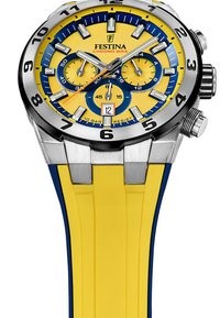 Orologio cronografo giallo con cassa in acciaio inossidabile, dettagli blu e cinturino in gomma. Presenta tre quadranti secondari e grandi marker delle ore.