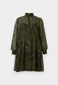 Črna prosojna obleka z zelenim paisley vzorcem, visokim volanastim ovratnikom, zapenjanjem na gumbe, dolgimi rokavi in večstopenjsko spodnjico.