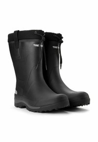 Mustat kumisaappaat, joissa on teksturoitu pinta, säädettävä nyöri ylhäällä ja harmaa yksityiskohta lähellä pohjaa. Vankka, ontto pohja paremman pidon takaamiseksi.