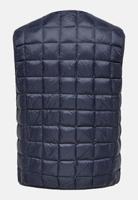 Chaleco acolchado azul marino con un diseño de acolchado en secciones cuadradas, hecho de material brillante y ligero. Sin mangas ni cierres visibles.