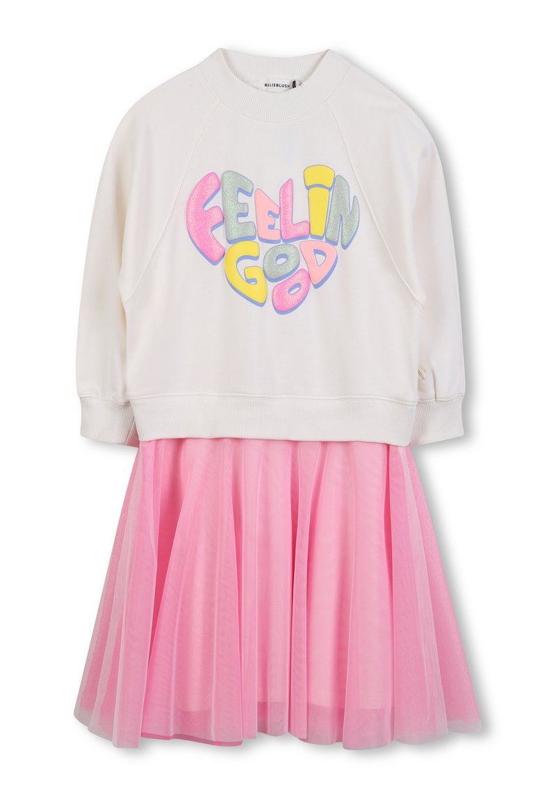 Robe sweat-shirt avec un haut blanc orné d'un graphique coloré "FEELIN GOOD" et une jupe en tulle rose superposée. Tissu doux, coupe décontractée.
