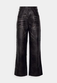 Black leather wide-leg trousers featuring a smooth texture, front pockets, belt loops, and subtle vertical patterns on the fabric.