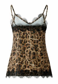 Luipaardprint camisole met delicate zwarte kantafwerking, voorzien van verstelbare bandjes en een zachte, gladde stoftextuur.