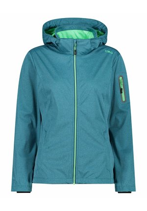 Turkooise waterdichte jas met capuchon, groene rits en groene voering, voorzien van een ritssluiting op de linkermouw en twee zijzakken.