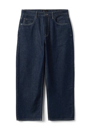 Jeans denim blu scuro a gamba dritta con tasche anteriori, passanti per cintura e chiusura con bottone in vita.