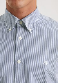 Gestreifte Baumwollhemd in Blau und Weiß, mit einem klassischen Kragen, weißen Knöpfen und einem kleinen bestickten Logo auf der Brust.
