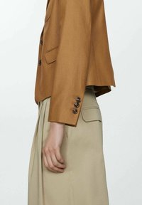 Hnědý strukturovaný blazer s třemi knoflíky na manžetách, spárovaný s béžovou plisovanou sukní se bočními kapsami.