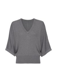 Grijze cropped gebreide trui met een V-hals en brede mouwen. Ribbelstructuur en een aangesloten band aan de onderkant accentueren de vorm.