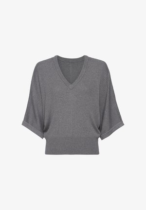 Grauer, kurz geschnittene Strickpullover mit V-Ausschnitt und weiten Ärmeln. Der gerippte Stoff und das taillierte Bündchen am unteren Ende betonen die Form.