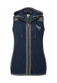 Bezrukává bunda námořnické modré barvy s kapucí, kontrastní šedé detaily, přední zip a květinová výšivka na levé straně. Texturovaná látka.