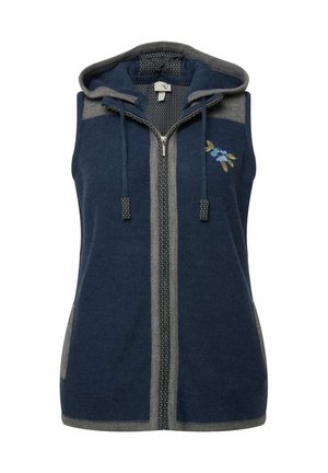 Ärmelsweste in Marineblau mit Kapuze, kontrastierenden grauen Akzenten, Reißverschluss vorne und floraler Stickerei auf der linken Seite. Strukturiertes Material.