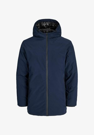 Navy blue insulated jacket with a hood, featuring a front zipper, two side pockets, and a smooth exterior texture.