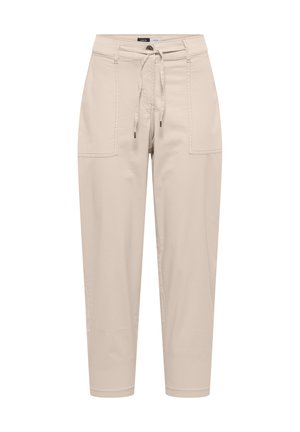 Beige Hose mit hoher Taille, Vorderentaschen, verstellbarem Kordelzug, Knopf- und Reißverschluss sowie schmal zulaufenden Beinen.
