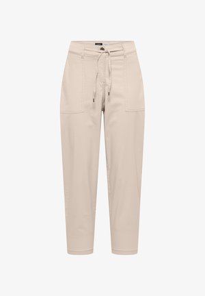 Beige Hose mit hoher Taille, Vorderentaschen, verstellbarem Kordelzug, Knopf- und Reißverschluss sowie schmal zulaufenden Beinen.