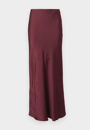 Fustă maxi din satin burgund cu talie ajustată și margine evazată, având o textură netedă și fără modele sau embellishments vizibile.