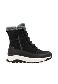 Schwarze Winterstiefel mit einem Kragen aus Kunstfell, Reißverschluss und Schnürung an der Vorderseite. Hergestellt aus Wildleder und synthetischen Materialien. Fette weiße Sohle.
