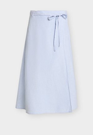 Light blue wrap skirt with thin white vertical stripes, knee-length hem, belt loops, and a tied waist bow on a plain background.