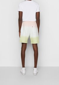 Un short dégradé de rose, blanc et vert, fabriqué en tissu doux, avec une taille élastique et une poche arrière, associé à des chaussures blanches.