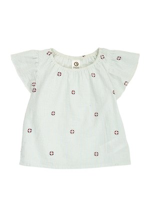 Jasnoniebieska i biała koszulka dla malucha w paski, z krótkimi, falującymi rękawami i czerwono-białymi nadrukami koła ratunkowego rozproszonymi na tkaninie.