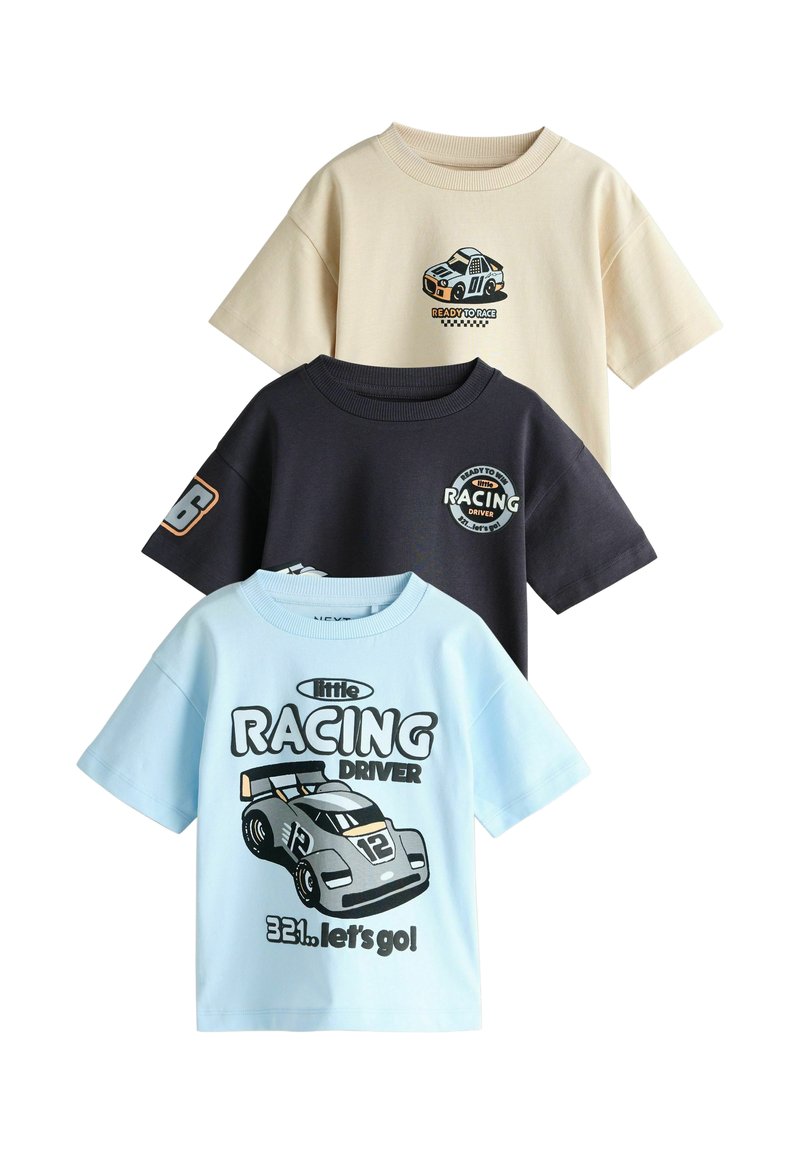 Three short-sleeve T-shirts: light beige with car graphic, dark navy with round logo, and light blue with racing car illustration and text.