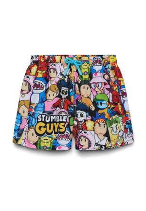 Pantaloncini colorati con personaggi dei cartoni animati del gioco Stumble Guys, inclusi pirati, squali e figure in diversi costumi, con coulisse blu.
