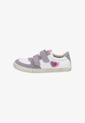 Velcro strap sneakers featuring a white leather upper, light purple suede accents, and a pink heart-shaped design on the side. Rubber sole.