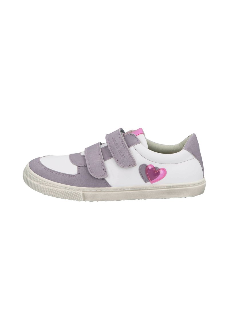 Sneaker mit Klettverschluss, ausgestattet mit einem Obermaterial aus weißem Leder, helllila Wildlederakzenten und einem herzförmigen Design in Pink an der Seite. Gummisohle.
