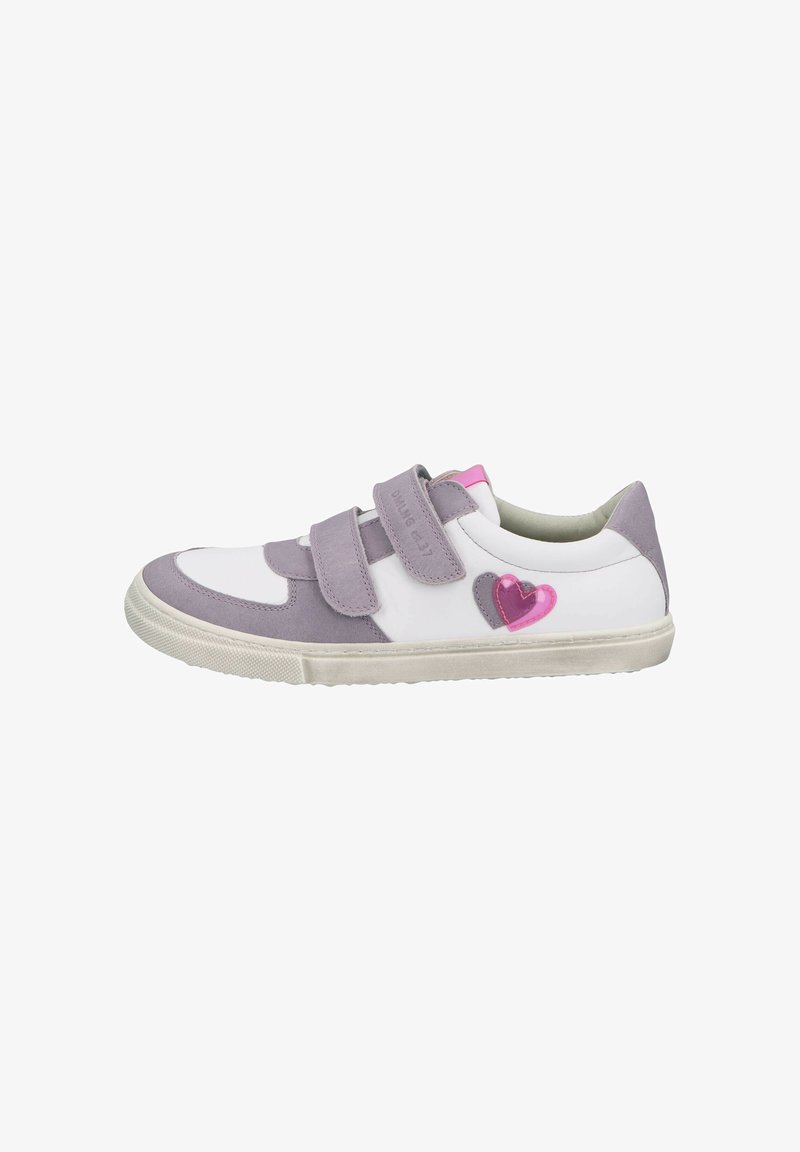 Velcro strap sneakers featuring a white leather upper, light purple suede accents, and a pink heart-shaped design on the side. Rubber sole.