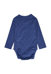 Långärmad bodysuit i mörkblått bomull med litet, mörkblått blommönster, med rund hals och tryckknapp stängning i botten.