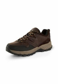 Brauner Wanderschuh mit einem strukturierten Obermaterial aus Kunststoff, gepolstertem Kragen und einer dicken Gummisohle mit tiefen Profilen für besseren Halt.