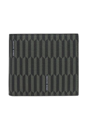 Portafoglio nero e grigio bi-fold con motivo geometrico e testo "ARMANI EXCHANGE" stampato verticalmente in due punti.