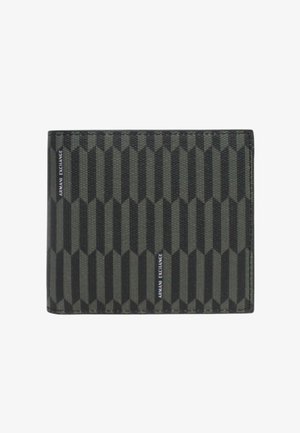 Portafoglio nero e grigio bi-fold con motivo geometrico e testo "ARMANI EXCHANGE" stampato verticalmente in due punti.