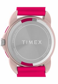 Zegarek Timex z stalowym tyłem, różowym silikonowym paskiem i gładką okrągłą kopertą. Wodoodporny do 30 metrów.