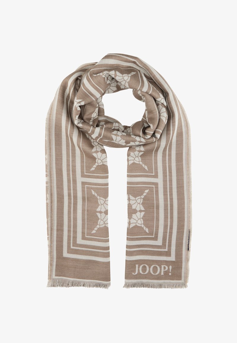 Écharpe marron avec des motifs géométriques blancs, bords à franges et logo de la marque. Fabriquée en tissu doux avec une texture lisse.