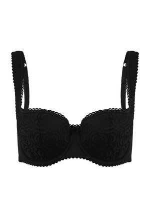 Black lace bra with structured cups, decorative scalloped edges, adjustable straps, and a small central bow accent.