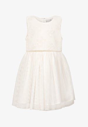 Weißes ärmelloses Mädchenkleid mit tailliertem Oberteil, dekorativem Taillendetail und vollem, geschichtetem Rock.