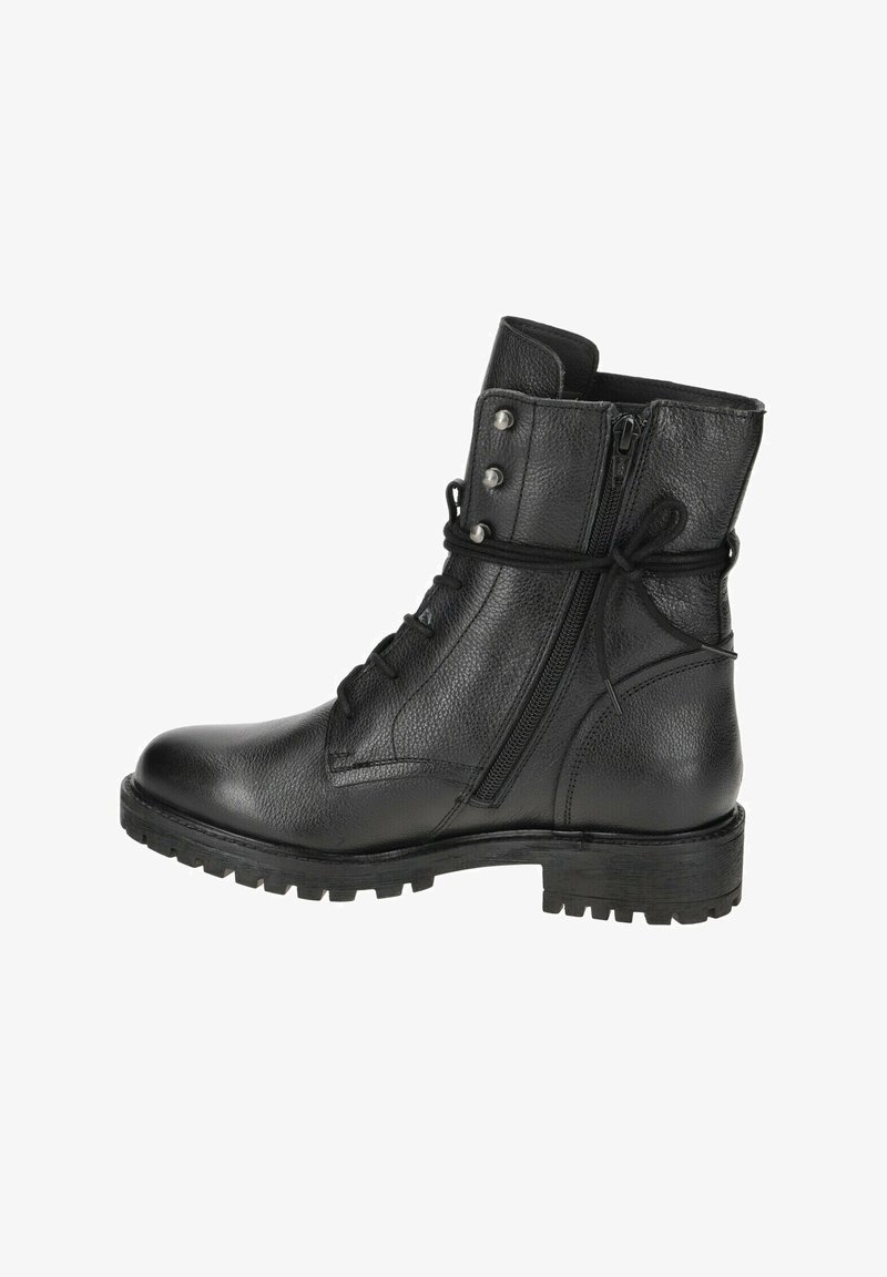Bottines en cuir noir à lacets avec fermeture éclair sur le côté et semelle robuste, couture détaillée, et lacets noués autour du haut de la tige.