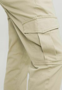 Beige Cargo-Hosen aus Baumwolle mit entspannter Passform, Seitentaschen und verstärkten Nähten. Glatte Textur mit leichtem Glanz.