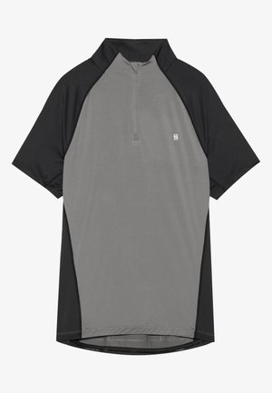 Short-sleeve sports shirt in gray and black, featuring a quarter-zip collar, smooth texture, and subtle logo on the front.